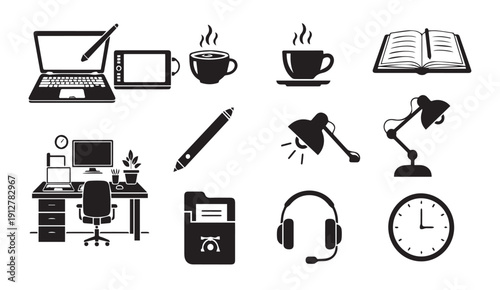 Modern office supplies and workspace icons collection