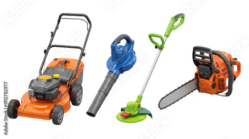 A vibrant orange lawn mower, blue leaf blower, green string trimmer, and an orange chainsaw displayed on a clean white backdrop. isolated PNG with Transparent Background