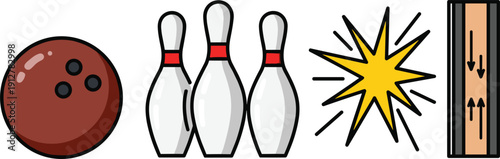 Bowling ball hitting pins with starburst impact and energy burst vector illustration set isolated on white background.