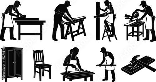 The image is a collection of black and white silhouette illustrations depicting various woodworking activities and furniture items, all set against a white background.