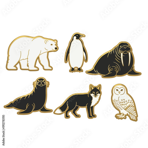 Golden animal icons featuring polar bear, penguin, walrus, seal, fox, owl