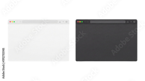 Two minimalist web browser windows, one light gray and one charcoal black, displaying empty content areas for UI design templates. isolated PNG with Transparent Background