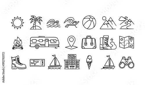 Horizontal Thin Line Summer Holiday Icon Set with Beach, Mountain, Camping, Travel and Resort Symbols Vector