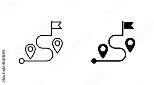 Two black line art icons depict a winding route marked by three location pins and a destination flag, suitable for UI design. isolated PNG with Transparent Background