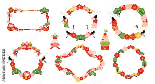 Auspicious Japanese New Year Frames and Borders. Traditional cranes, Daruma dolls, pine, bamboo, plum blossoms for festive holiday greetings
