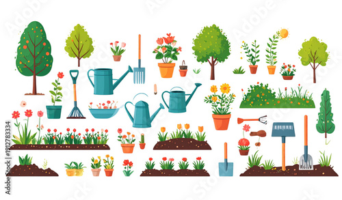 Landscaping and garden flat vector icon collection