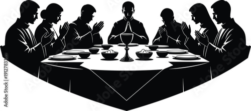 Black silhouette vector illustration of a diverse group of people sitting around a table with hands joined in prayer for a religious meal.