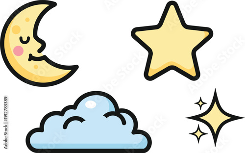 Cute crescent moon with sleeping face and golden star vector illustration set, fluffy blue cloud isolated on white background.