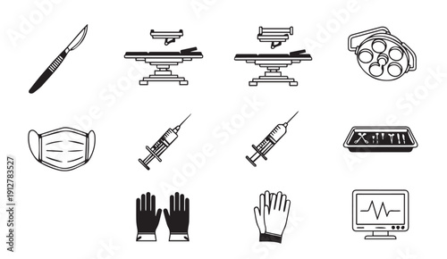 Medical icons set including surgical tools and equipment
