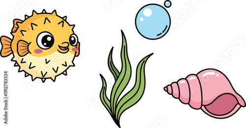 Cute puffer fish character with pink seashell and green seaweed, underwater life vector illustration set isolated on white background.