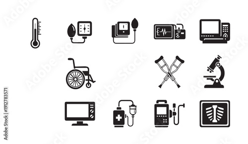 Medical equipment and healthcare icons for professional and commercial use