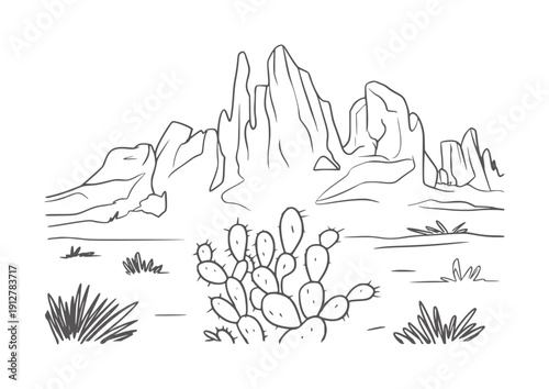 Black and line of a desert landscape with cactus and rock formations