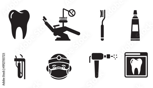 Dental care icons set including tooth, dentist chair, and tools