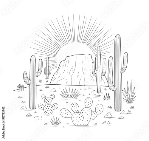 Black and line of a desert landscape with saguaro and prickly pear cacti under a rising sun