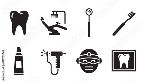 Dental care icons set including tooth, chair, and tools
