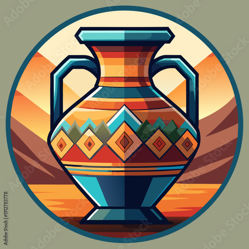 An ancient Greek ceramic amphora is a traditional clay pottery vase with brown vintage designs, featuring handles and an antique craft aesthetic on a white background