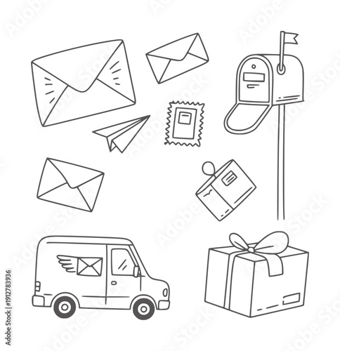 Black and line of mail delivery including envelopes stamps van mailbox and gift box