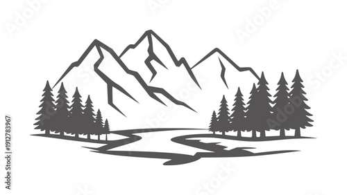 Black and minimalist line of a mountain range with pine trees and a winding river