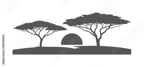 Black and silhouette of acacia trees a hill with a setting sun