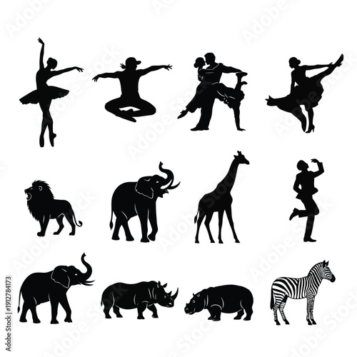 Diverse silhouettes of animals and dancers in dynamic poses