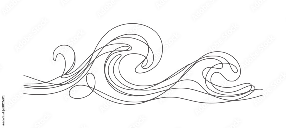 Fototapeta premium Continuous line of swirling ocean waves in dark gray water