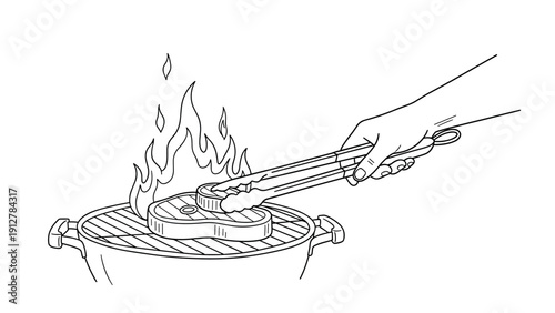 Hand grilling steak on barbecue with flames in outline drawing