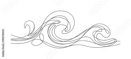 Continuous line of swirling ocean waves in dark gray water