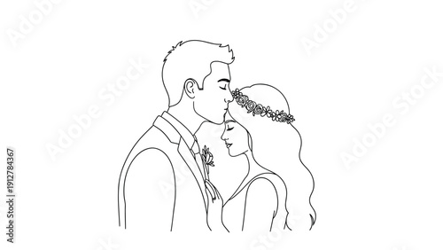 Romantic line art of bride and groom in loving embrace