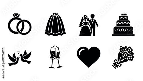 Elegant wedding icons: rings attire cake doves toast heart bouquet