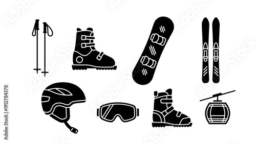 Winter sports gear icons: ski snowboard helmet goggles poles lift