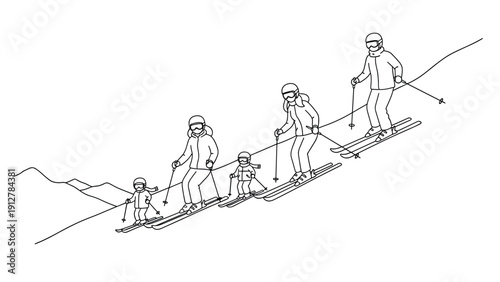 Family enjoying skiing adventure on slopes in minimalist line art desi