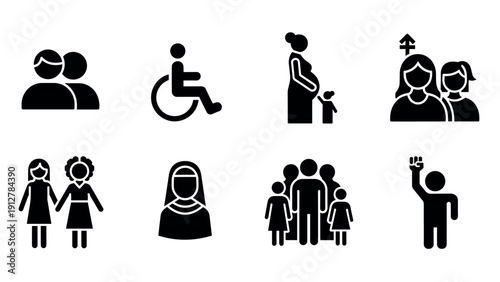 Minimalist pictograms of diverse people and families in everyday situa
