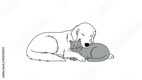 Adorable dog and cat cuddling in minimalist black and white design