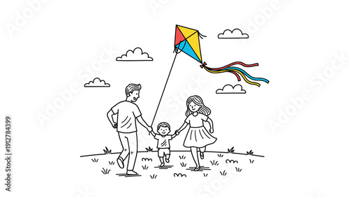 Happy family flying kite outdoors in a park with vibrant colors