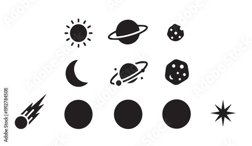 Collection of celestial body icons including planets and stars