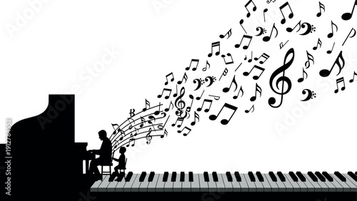 Piano silhouette with flowing musical notes and keyboard elements