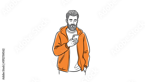 Casual man with beard texting on smartphone in line art style