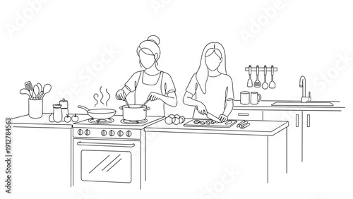 Minimalist kitchen scene with women cooking in linear style