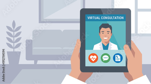 Close-Up Patient Holding Tablet with Doctor on Virtual Consultation – Flat Medical Vector Illustration