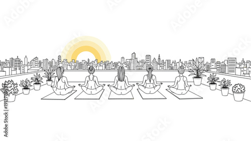 Sunrise rooftop yoga session with city skyline in line art style