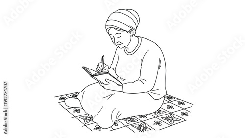 Elderly woman sketching in notebook while sitting on patterned mat in 