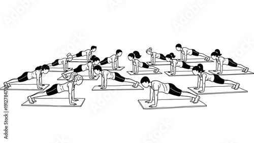 Group fitness class with people doing plank exercises in line art styl