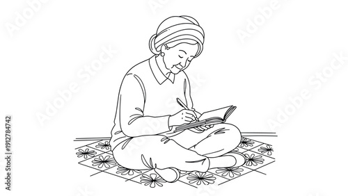 Elderly woman writing in notebook while sitting on floral carpet in a 