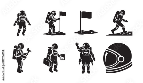 Astronaut icons set showing space exploration activities