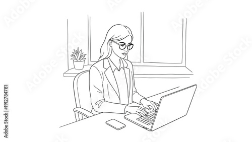 Professional woman working on laptop at office desk in linear style