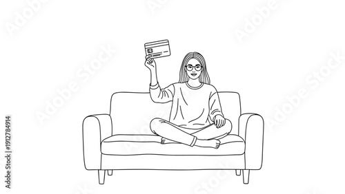 Woman sitting on sofa holding a credit card in linear style