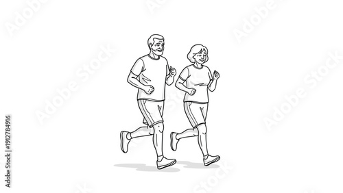Active senior couple jogging together in simple line art