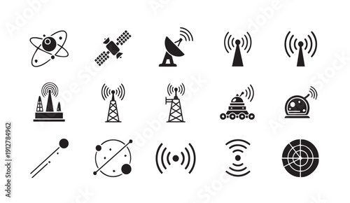 Modern telecommunications and satellite technology icons set