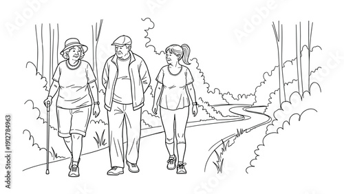 Seniors and young woman walking on forest path in casual outfits