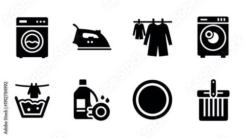 Household laundry icons set: washing ironing drying and cleaning symbo